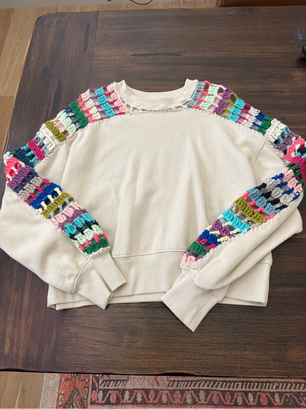 Unique, One-of-a-Kind Women’s Cream Sweater with Crochet Sleeve Accents